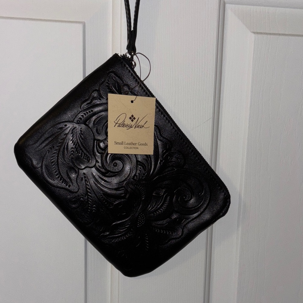 Patricia Nash Black Floral Leather Wristlet
